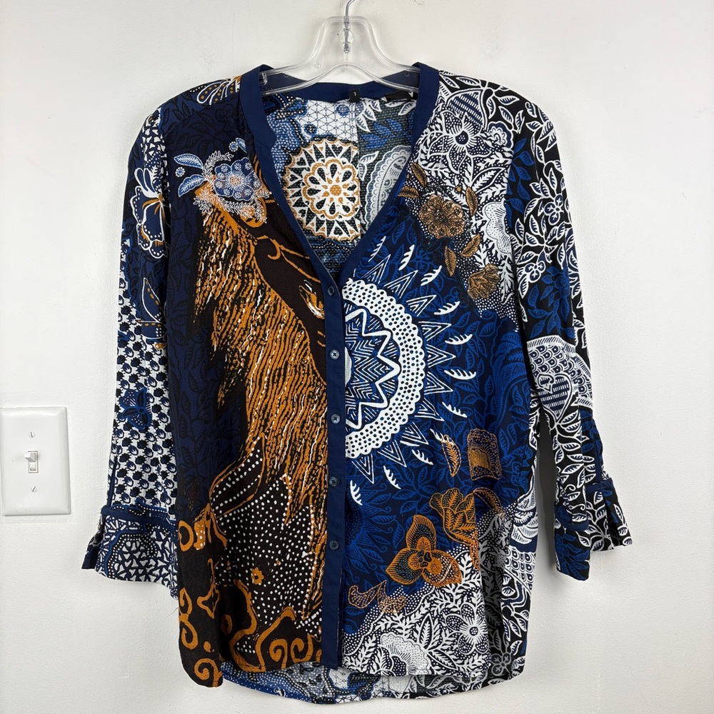 Desigual Blue and White Graphic Ruffled Blouse